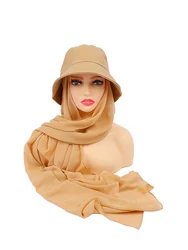 New Muslim Women Bucket Hat With Chiffon Hijabs Summer Sports Cap With Hijab Ready To Wear Instant Hijab Islam Headscarf