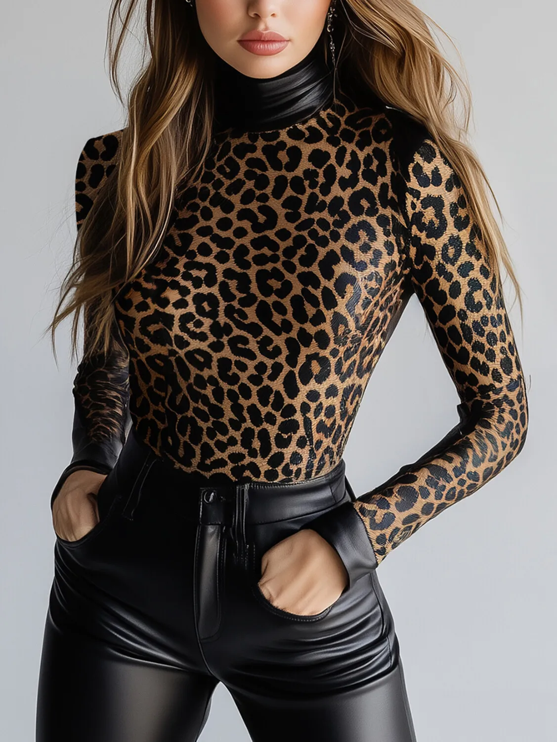 Women PU Leather Fashion Leopard Print T Shirt High Neck Long Sleeve Blouse Slim Fit Streetwear 2026 Autumn Winter Clothes