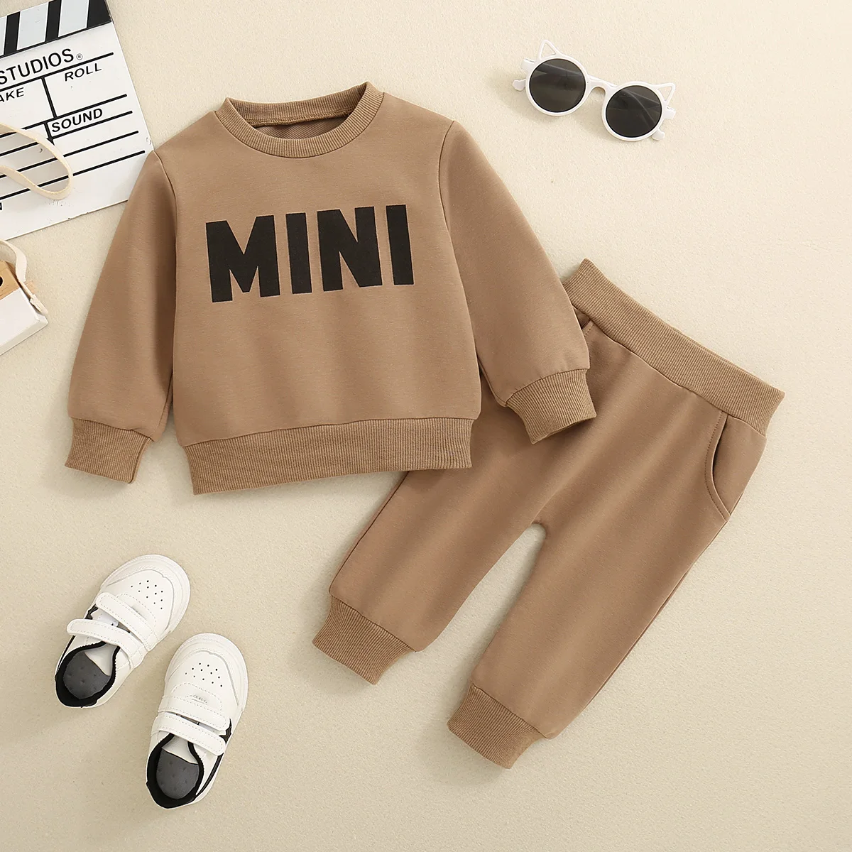 Neutral Spring Autumn Infant Toddler Long Sleeve Mini Printed T-Shirt And Brown Pants Two-Piece Set for Babies