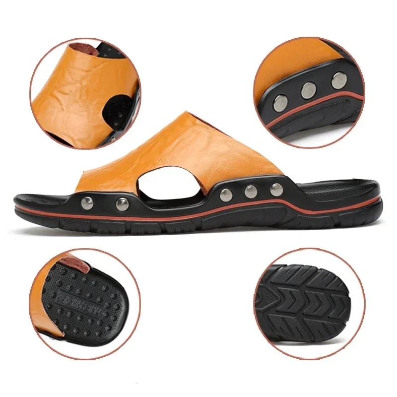 Summer Slippers New Men Sandals Soft Outdoor Slides High Quality Genuine Leather Comfortable Beach Sandals Outdoor Men Shoes