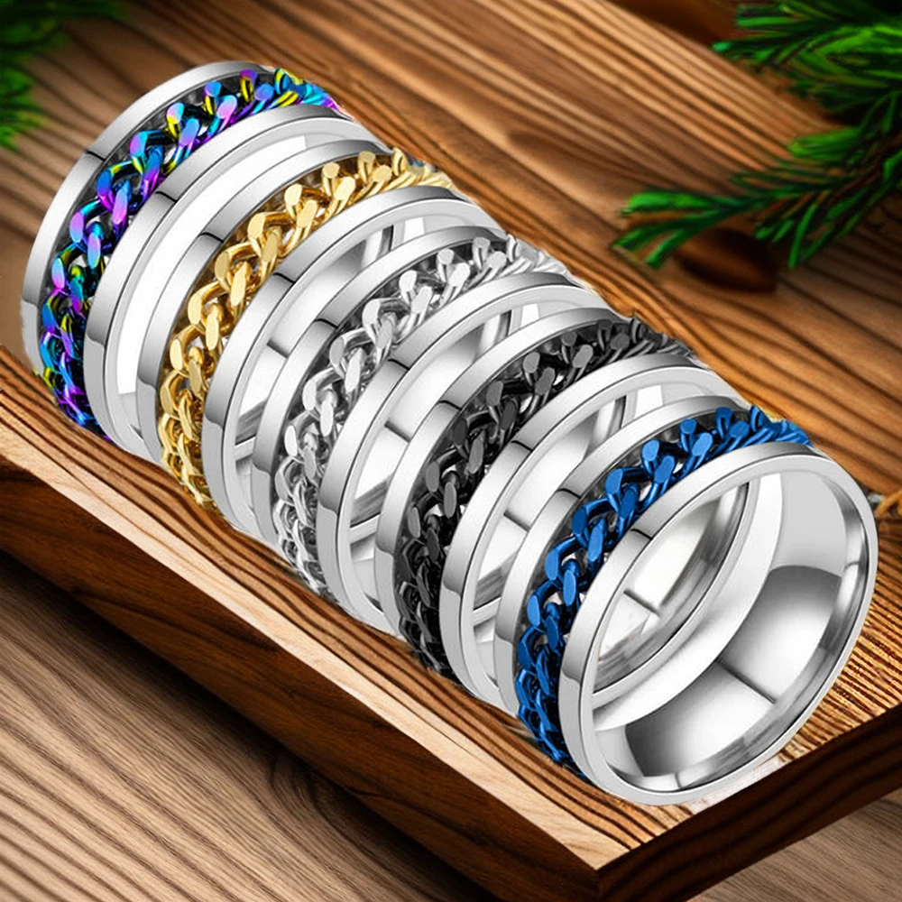 Anxiety Fidget Spinner Mood Rings 8mm Male Stainless Steel Spinning Rotating Cuban Chain Ring for Men Punk Anti Stress Jewelry