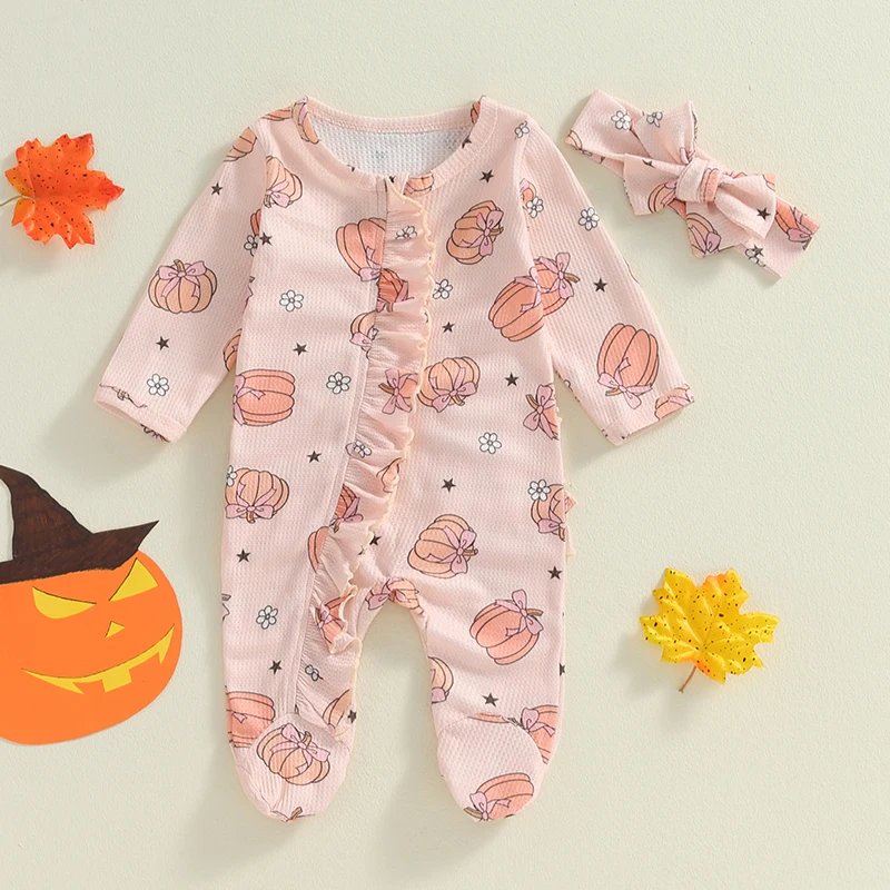 Baby Girls Romper Footie Halloween Clothes Pumpkin Print Long Sleeve Frill Zip Jumpsuits with Headband Sets for Newborn Infant