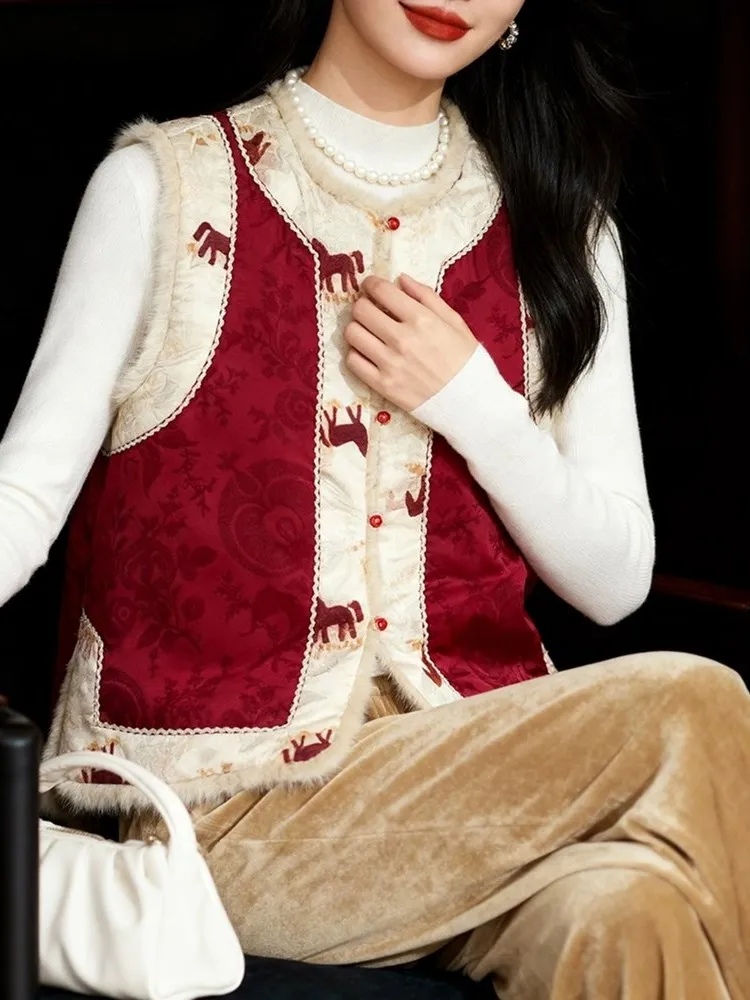 

Red Double-Sided Cotton Vest Chinese Sle Young Women's New Year's Jaet Polyester round Ne Regular Length Faionable