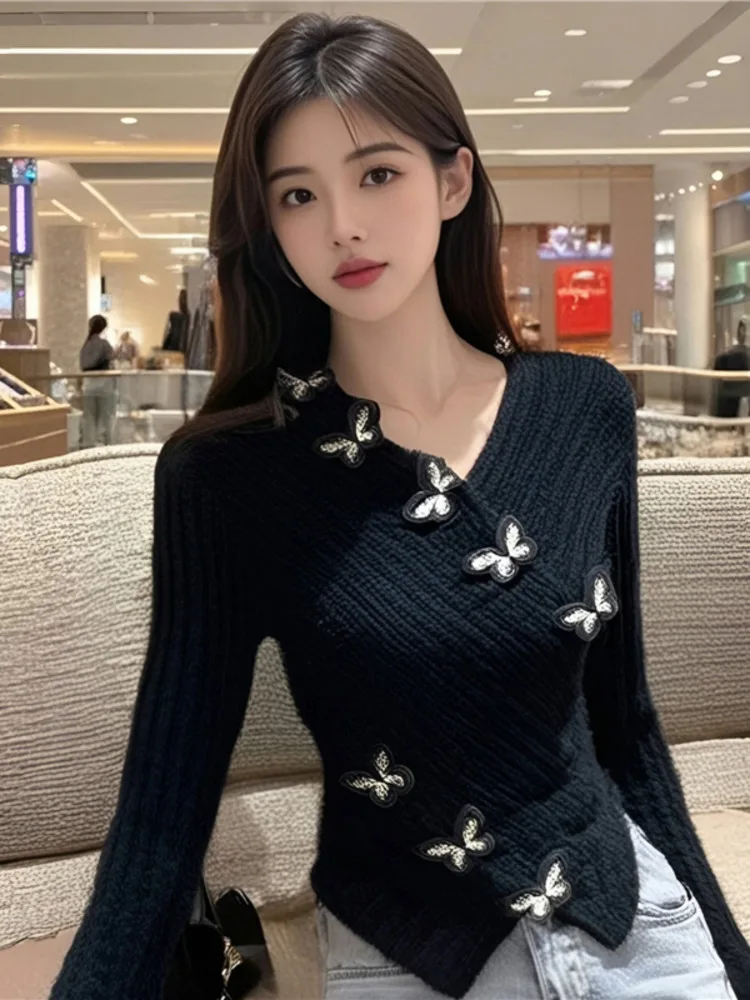 Sexy V-hals Slanke Vlinder Truien Vrouwen Vintage Streetwear 3D Mohair Onregelmatige Gebreide Jumper Franse Retro Lange Mouw Tops