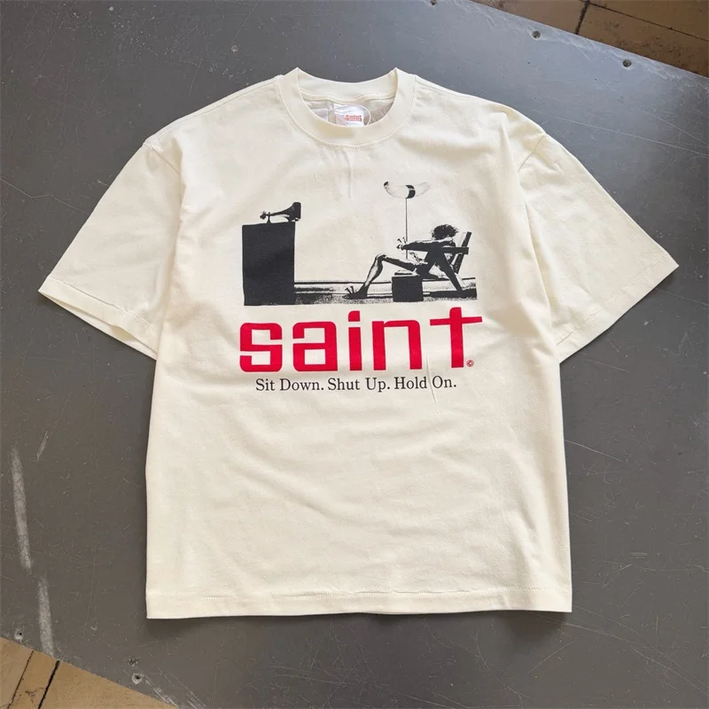 Retro Cement White Casual Hip-Hop Saint T-Shirt Pattern Print Men Women Same Style Cotton Streetwear T Shirt
