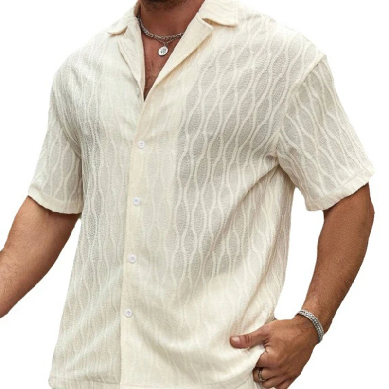 Stylish Mesh Lace See Through Shirts Men Vintage Turn-down Collar Buttoned Shirt 2024 Summer Casual Short Sleeve Mesh Cardigans