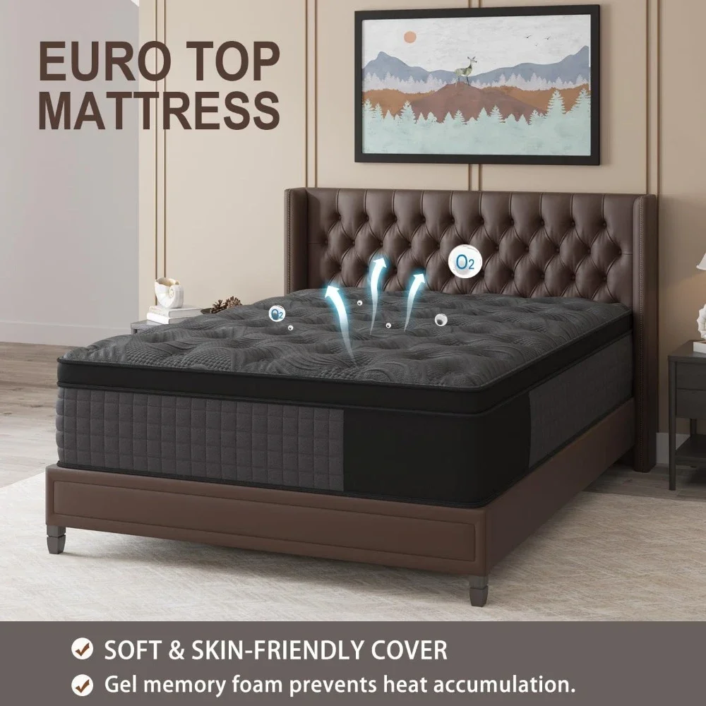 Queen Mattress, 14 Inch Hybrid Mattress Black with Gel Memory Foam and Individually Pocket Innerspring Euro Top Mattress Medium