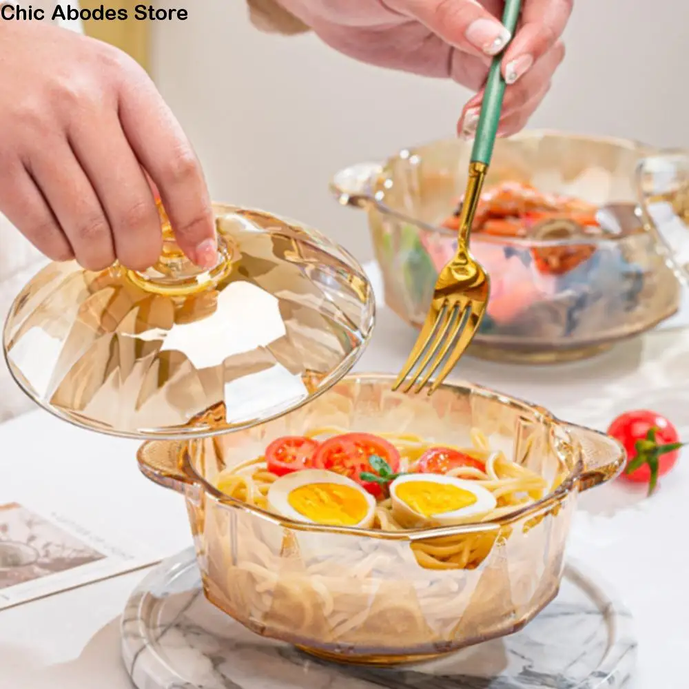 

Versatile Amber Glass Soup Bowl Diamond Pattern Heat-resistant Instant Noodle Bowl with Lid Binaural Handle Salad Bowl Fruit