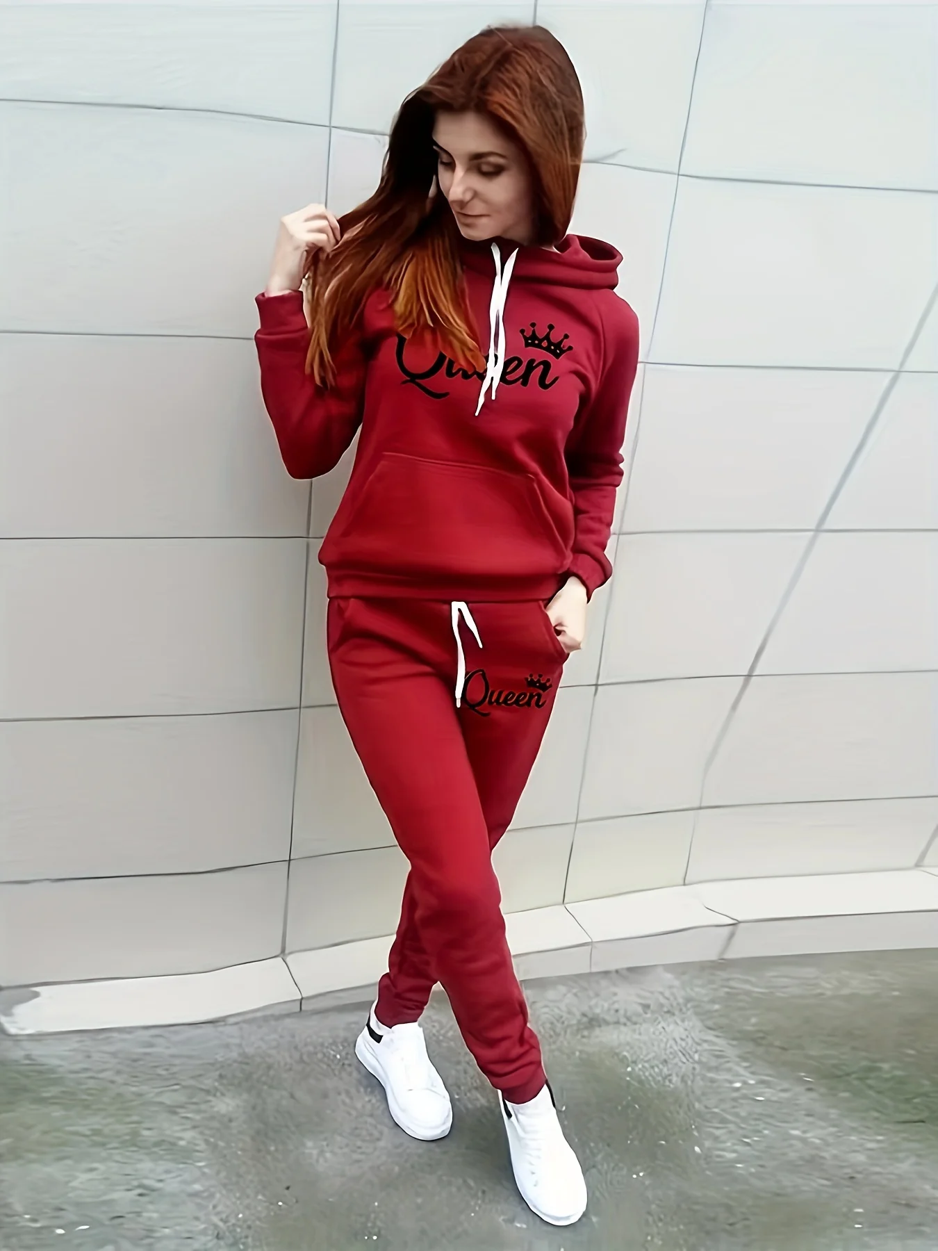 Damen Herbst/Winter Hoodie + Sporthose Set Hip Hop Street Casual Queen Print Mode Samt Warme Kleidung