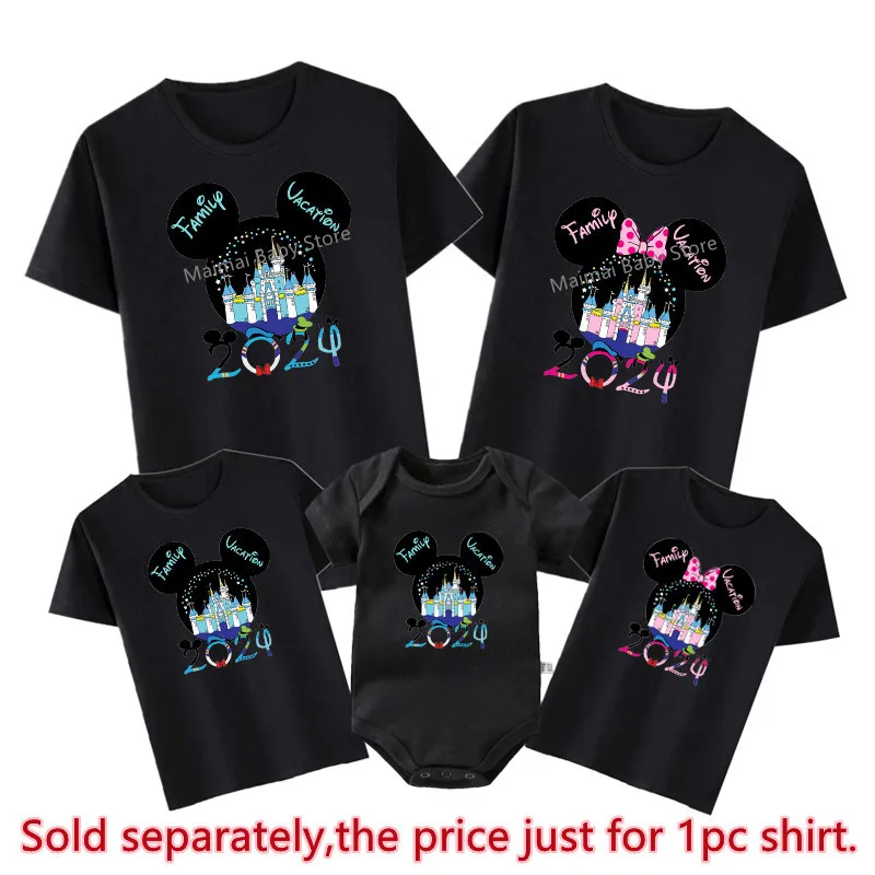 Magic Castle in Mickey and Minnie Head Family Matching Shirts Cotton Dad Mom Kids Tshirts Tee Look First Disneyland Trip Outfits