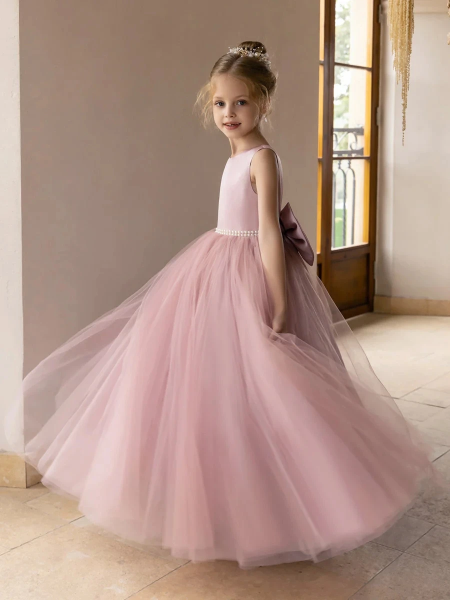 Tulle Ball Gown/Princess Flower Girl Dresses With Pearls & Satin Bowknot vestidos de 15 quinceañera 2024 vestido niña