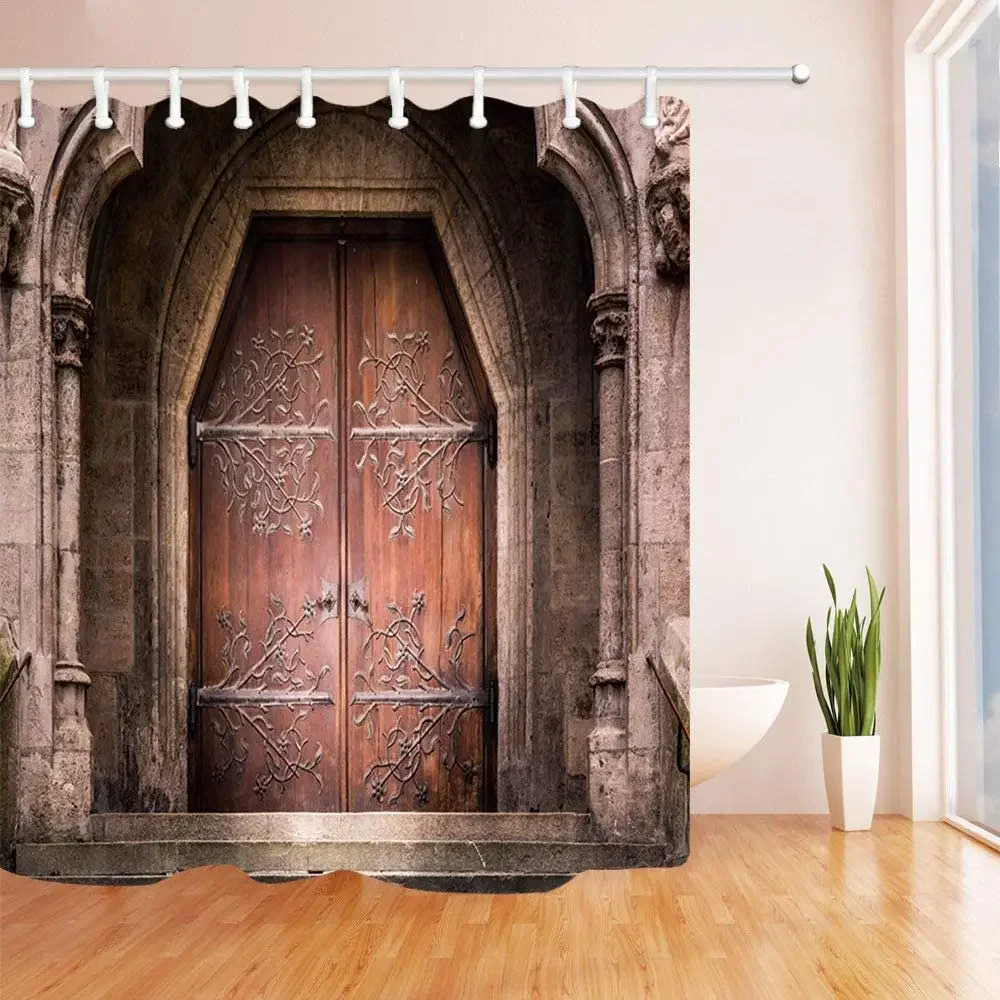 Door Decor Shower Curtain Old Medieval Entrance Wooden Iron Doors Stone Castle Church Polyester Fabric Bath Curtains With Hooks