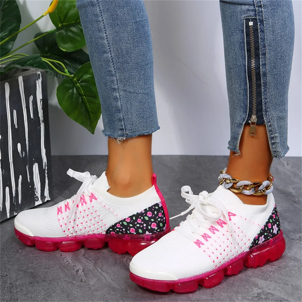 Women\'s Sport Sneakers New Fashion Knitted Fabric Ladies Breathable Lace Up Comfy Casual Shoes 35-43 Large-Sized Running Flats