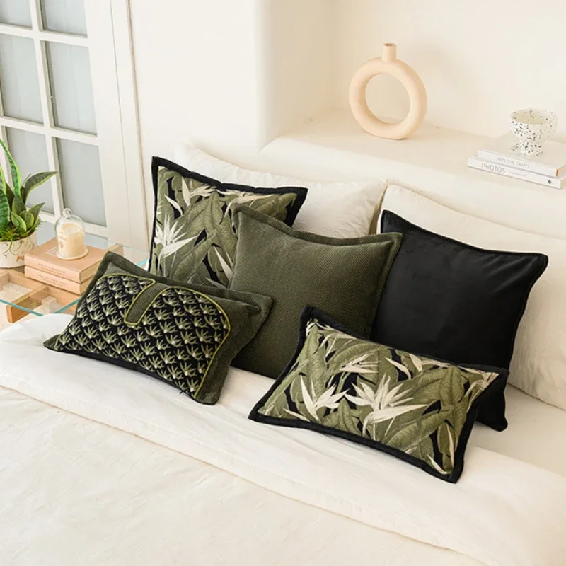 Luxury Green Textured Cushion Cover Vintage Patchwork Jacquard Sofa Pillow Cover Decorative Modern Design Soft Home Furnishings
