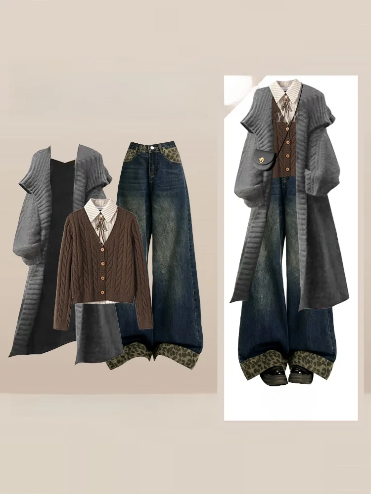 

Минималистичный зимний модный комплект в американском студенческом стиле: куртка, свитер, широкие брюки, стройнящий женский костюм-тройка