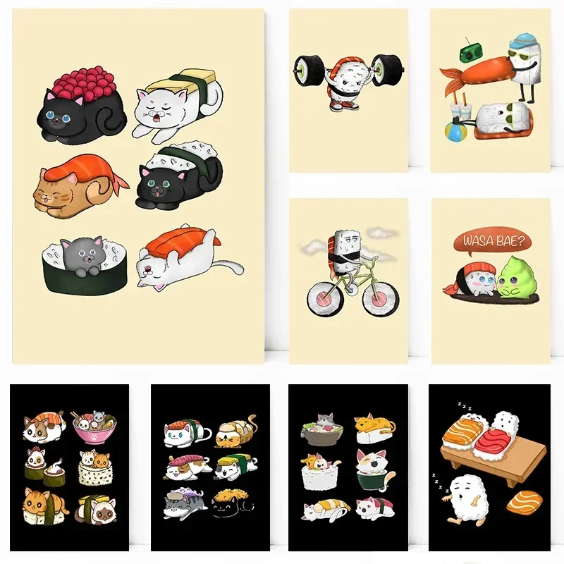 Póster de anime japonés con un gato que come sushi, estilo kawaii, ideal para decorar paredes, con motivos de ciclismo, yoga y sueño. Cuadro en lienzo para la sala de estar, el dormitorio o cualquier espacio del hogar.