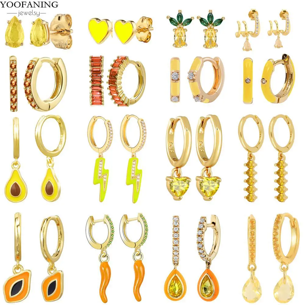 

925 Sterling Silver Ear Needle Colorful Hoop Earrings Yellow Zircon Fruit Chili Multi Series Women's Earrings Jewelry Party Gift