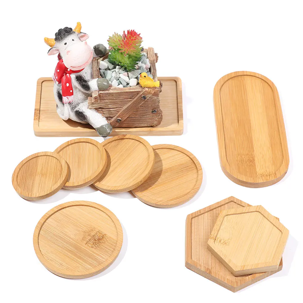 1PC Simple Bamboo Wood Tray Round Square Hexagon Flowerpot Base Planters Pot Stander Succulents Bonsai Holder Home Decor