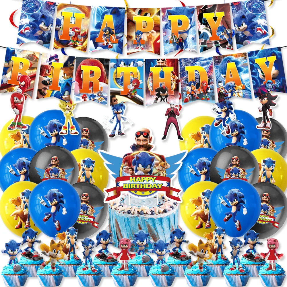 Cartoon SONic Children's Birthday Party Supplies Disposable Tableware Sets Plates Cups Napkins Balloons Cake Baby Kids Backdrops