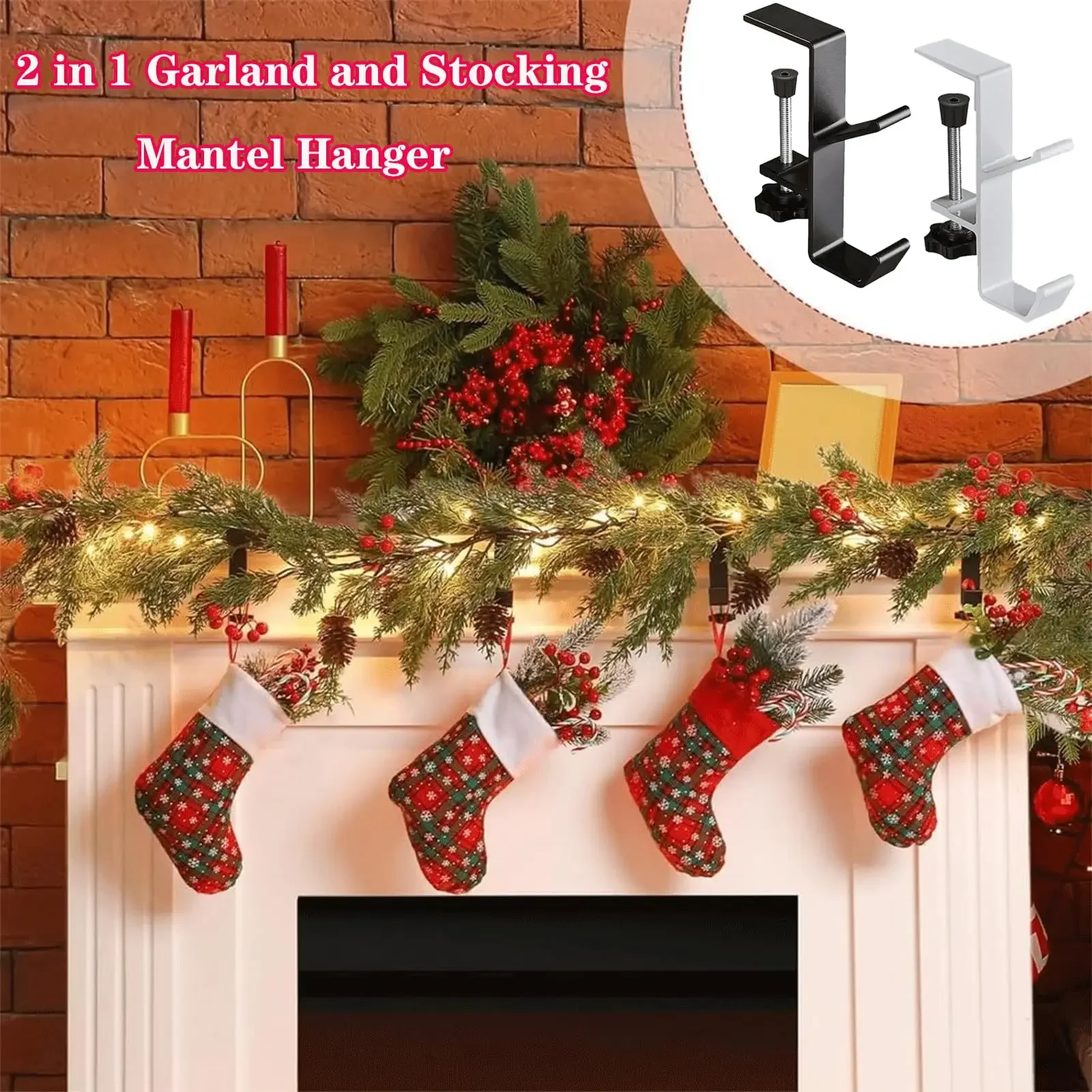 2 in 1 Garland Stocking Hangers No Drill Garland Fireplace Stocking Hanger Adjustable Heavy Duty Garland Hanger