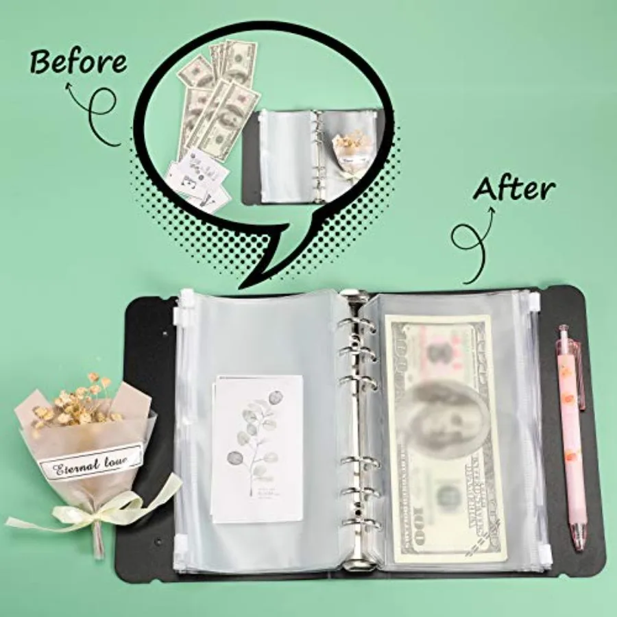 60 Packs A6 Size 6 Holes Binder Pockets Plastic Binder Zipper Folde Waterproof 6 Holes Zipper Loose Leaf Bags for Documents Not