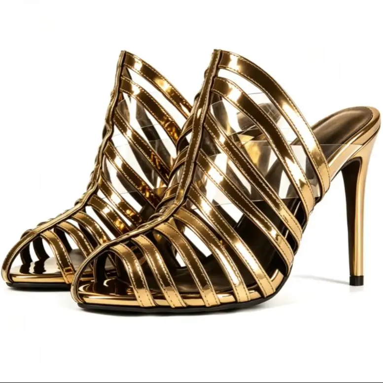 2026 Summer New Fashion Patent Leather Cage Mule Heels Sexy Women Hollow Striped Peep Toe Slip-On Stiletto Evening Dress Sandals