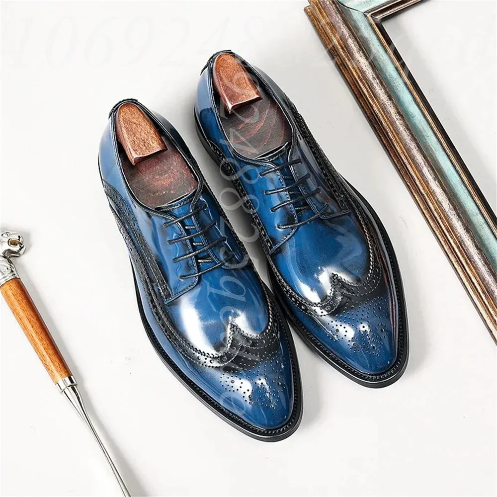 Men's Lace-Up Brogue Oxfords, Wingtip Detail, Polished Burnished Blue, Pointed Toe, Non-Slip Rubber Sole Formal Footwear for Men