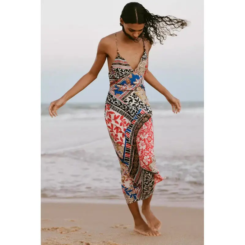

Fashion 2025 Summer Women's Long Floral Suspender Dress Lady Holiday Sleeveless Backless A-line Dresses Beach Slim Sexy Backless