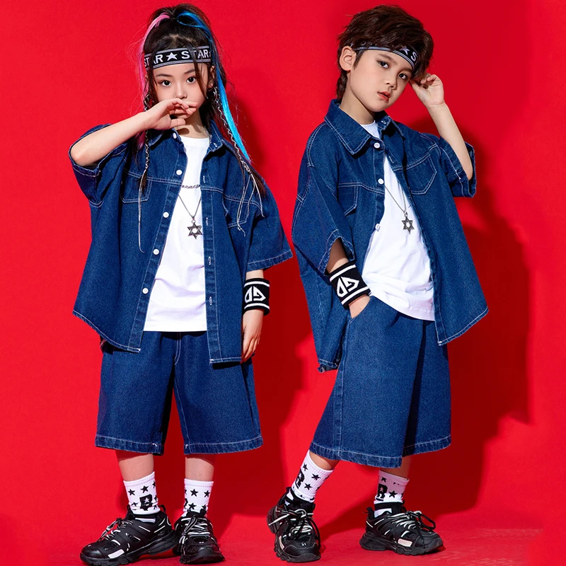 New Children Modern Jazz Dance Performance Costumes For Kids Loose Denim Suit Girls Streetwear Boys Hip Hop Clothing DQS13032