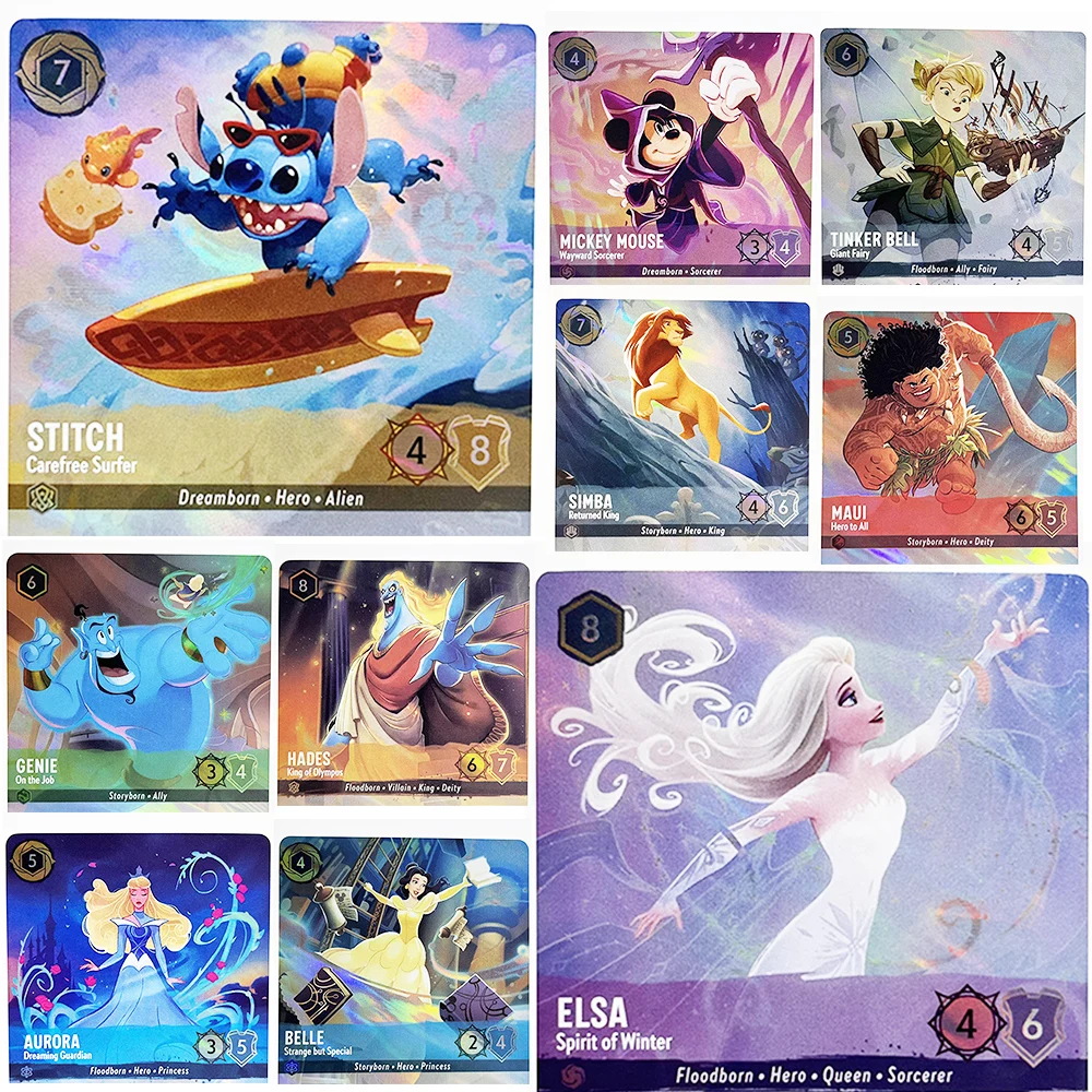 

Foil Lorcana Proxy Cards Mickey Mouse Elsa Simba Maui Stitch Genie Belle Chapter1 PTCG Game Card High Quality Anime Trading Card