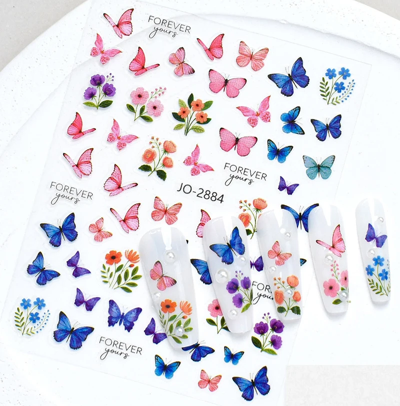 3d Nail Art Stickers Decals Spring Blue Pink Yellow Butterflys Booming Flowers For Nails Decorations Manicures Beauty