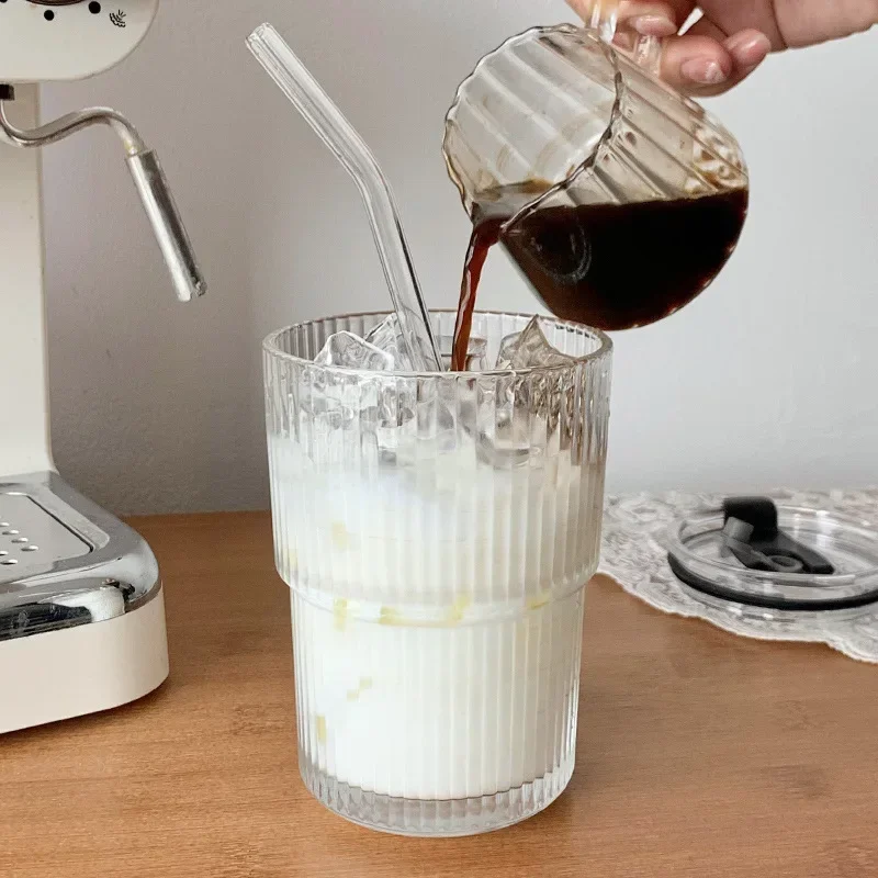 Stripe Straw Glass Cup Whisky Wine Drinking Glasses Transparent Lid Coffee Mug Tea Water Mug Milk Juice Cup Kitchen Accessories image 5