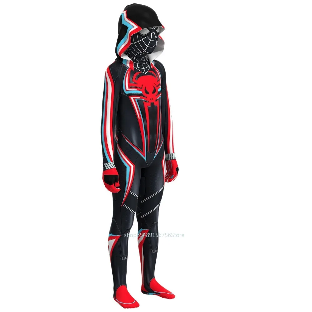 Spiderman 2099 Miles Morales Cosplay Costume or Kids Adult Black Spider Man Bodysuit with Hat Superhero Children Jumpsuit