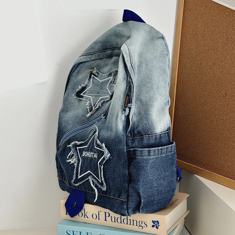 Relaxing Denim Gradient Star Shaped Backpack, College Student Leisure Travel Backpack, Large Capacity Backpack