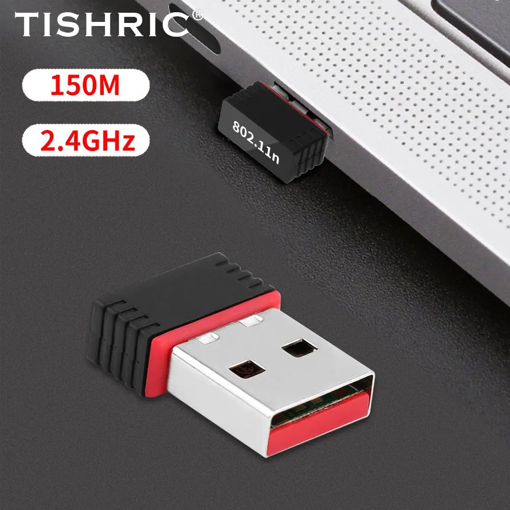 TISHRIC-USB Adaptador WiFi, Mini Placa de Rede Sem Fio, Antena WiFi para PC, Laptop, Windows, 8188, 150Mbps, 2.4 GHz, USB 2.0