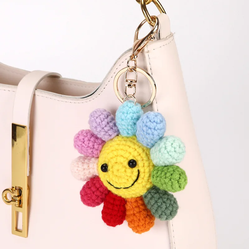 Bag Charm for Women Handmade Wool Hand-woven Colorful Flower Keychain Smiley Face Pendant Car Bag Pendant