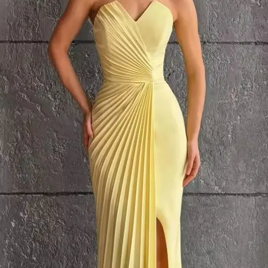 

Xikuo Yellow Satin High Slit Evening Dresses Pleated Sweetheart Prom Gowns Glamorous Maxi Cocktail Celebrity Dresses Customized