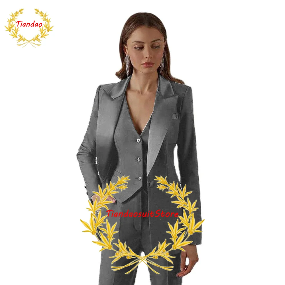 Black Women Suits Peaked Lapel Office Lady Tuxedos Female Business Suit Slim Fit Evening Formal Blazers 3 Pieces Set Jacket