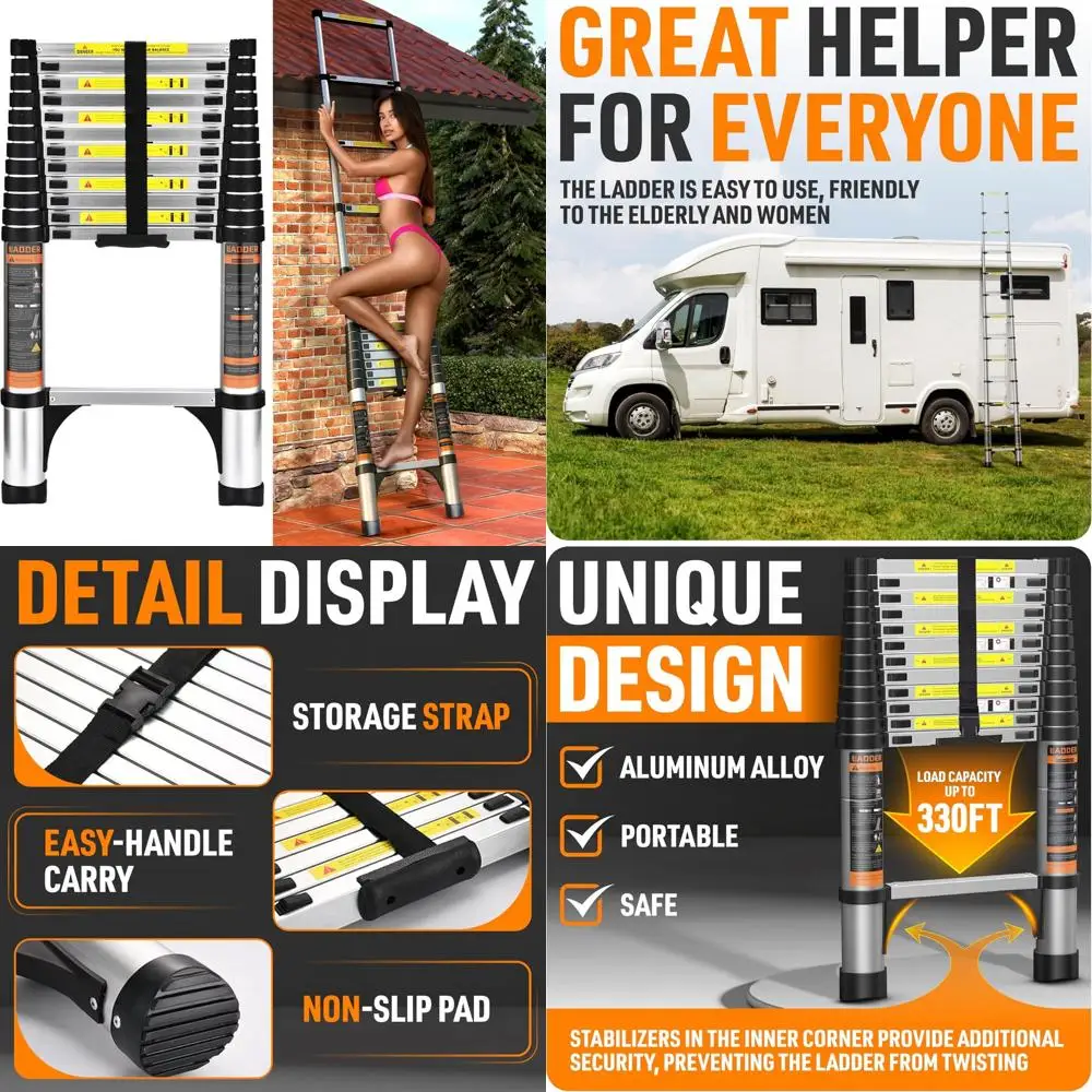 سلم تصغير من الألومنيوم بطول 12.5 قدم: سلم تمديد خفيف الوزن مع قفل أمان للمنزل والسقف والمركبات الترفيهية والوصول العلوي والخارجي