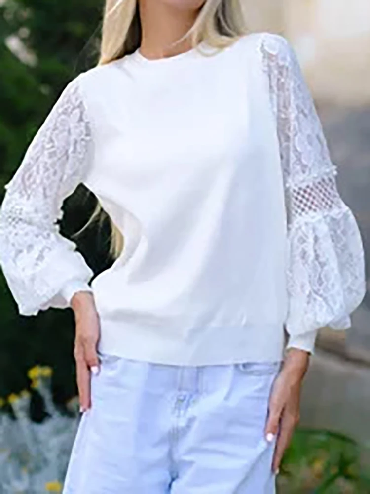 

Casual Streetwear Solid Color Office T-shirt 2025 Lace Long Sleeved Patchwork Knitted Top Autumn Women's O-neck Loose Pullover