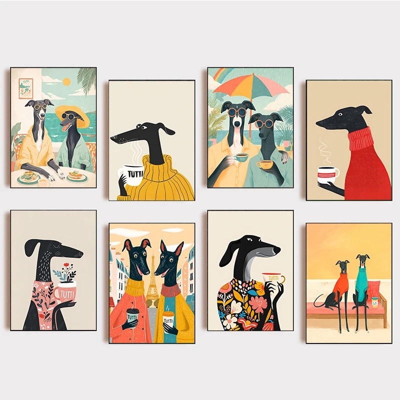 Cute Dog Coffee Poster Modern Whimsical Animal Greyhound Print Colorful Canvas Painting Wall Art for Living Room Home Decoration