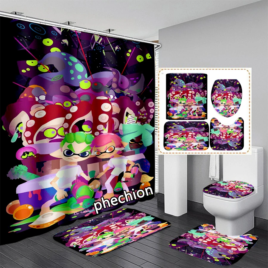 phechion New 3D Print Cartoon Splatoon Shower Curtain Waterproof Bathroom Curtain Anti-slip Bath Mat Set Toilet Rugs VR249