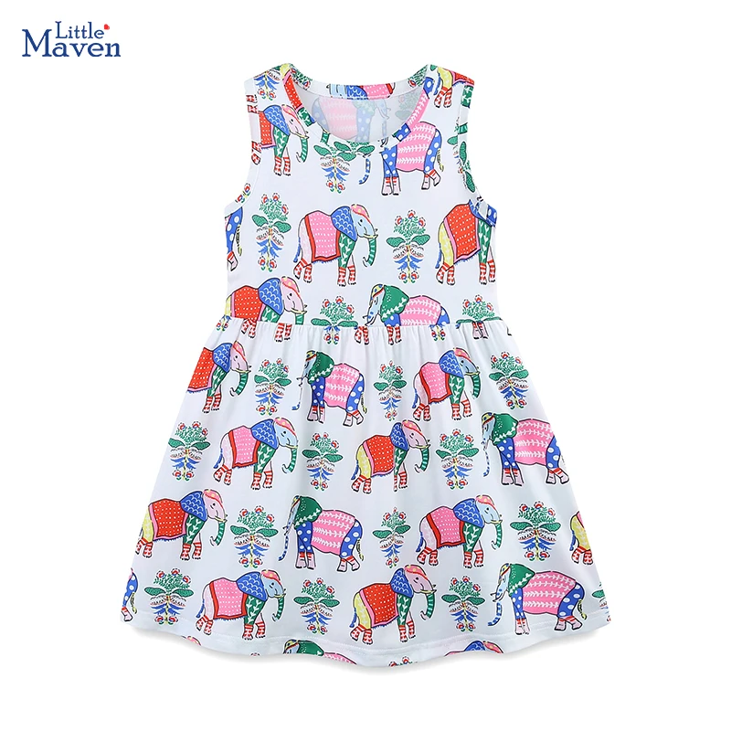 Ropa Little Maven para Niñas, Verano 2026, Vestidos de Manga Corta con Dibujos Animados de Elefantes para Niñas Pequeñas, Ropa Infantil