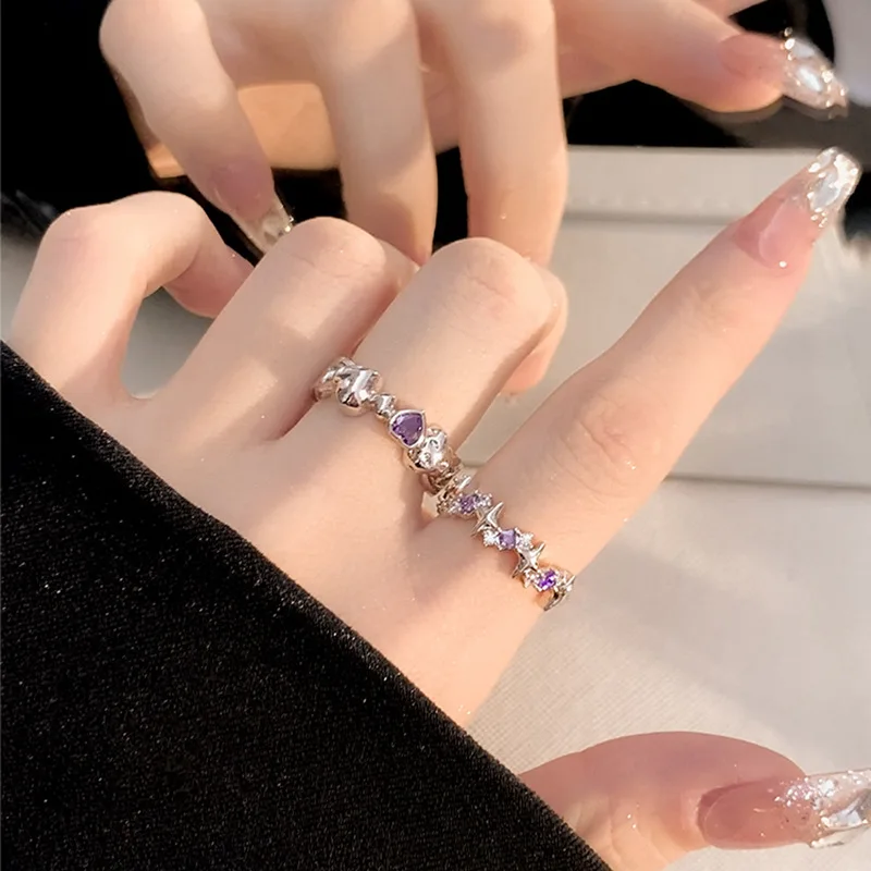 Vintage Crystal Star Adjustable Rings Fashion Shiny Irregular Purple Rhinestone Couple Ring Women Men Lover Y2k Jewelry 2023