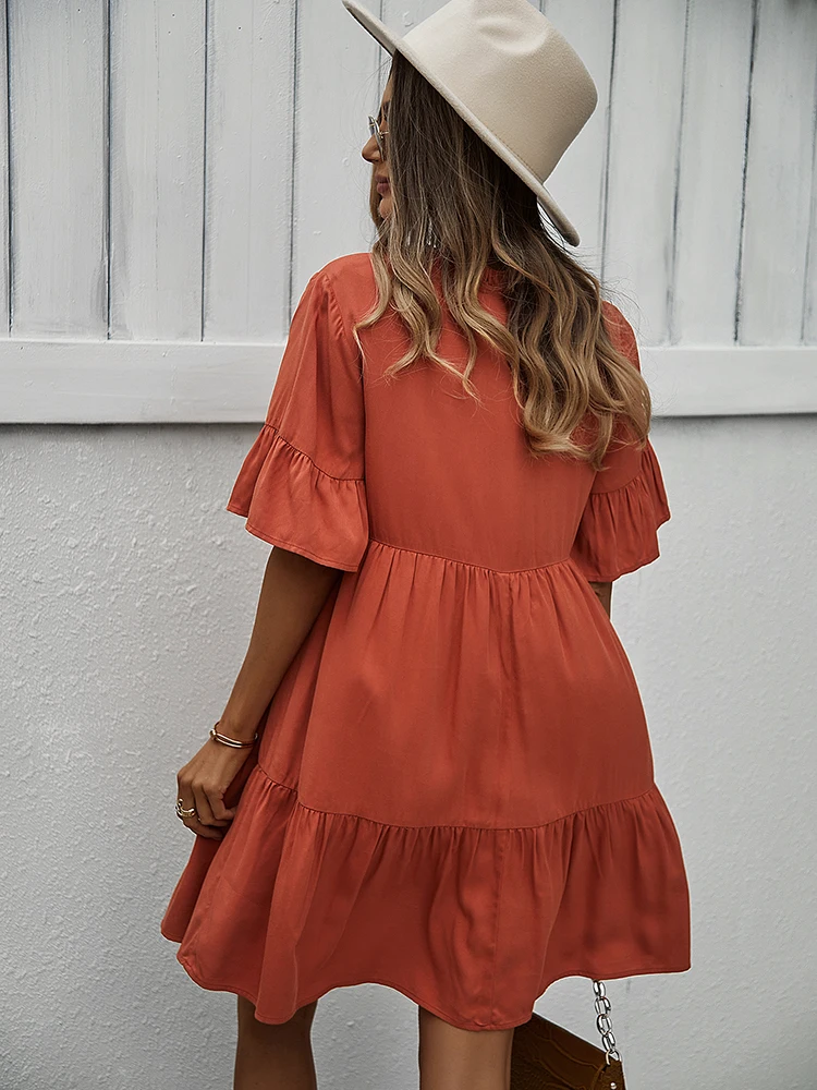 Spring Summer Solid Short Dress Women Casual Single Breasted Half Sleeve Ladies Temperament High Wasit Party Dresses 2022 New