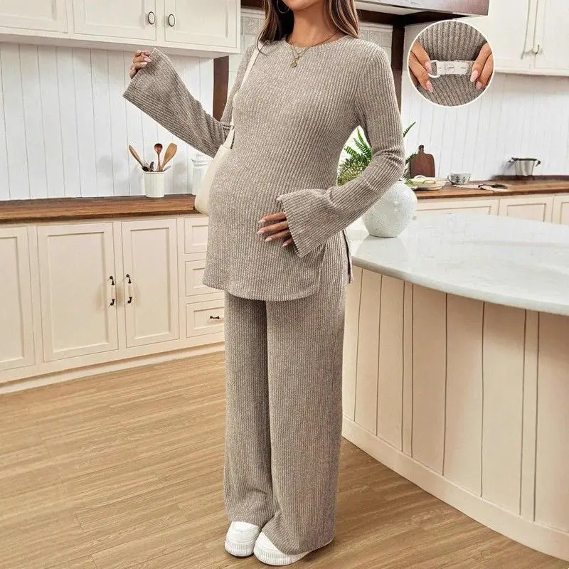 pregnant-women's-2-piece-set-horn-sve-side-split-top-knit-high-waist-comfortable-home-clothes-men's-underwear-casual-pants