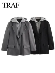 TRAF 2024 New Women Fashion Flip Hooded Splicing Long Sleeve Single Breasted Grey Casual Blazer Coat Female Vintage Outerwear