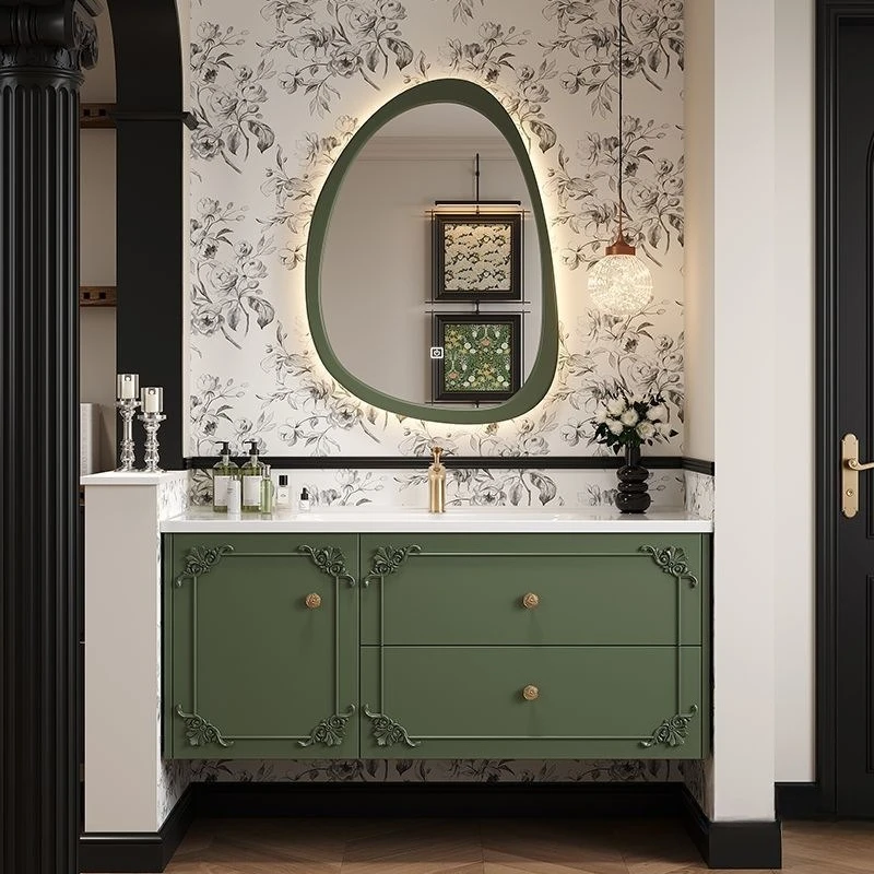Retro bathroom cabinet intelligent combination integrated ceramic basin solid wood bathroom cabinet hand washbasin