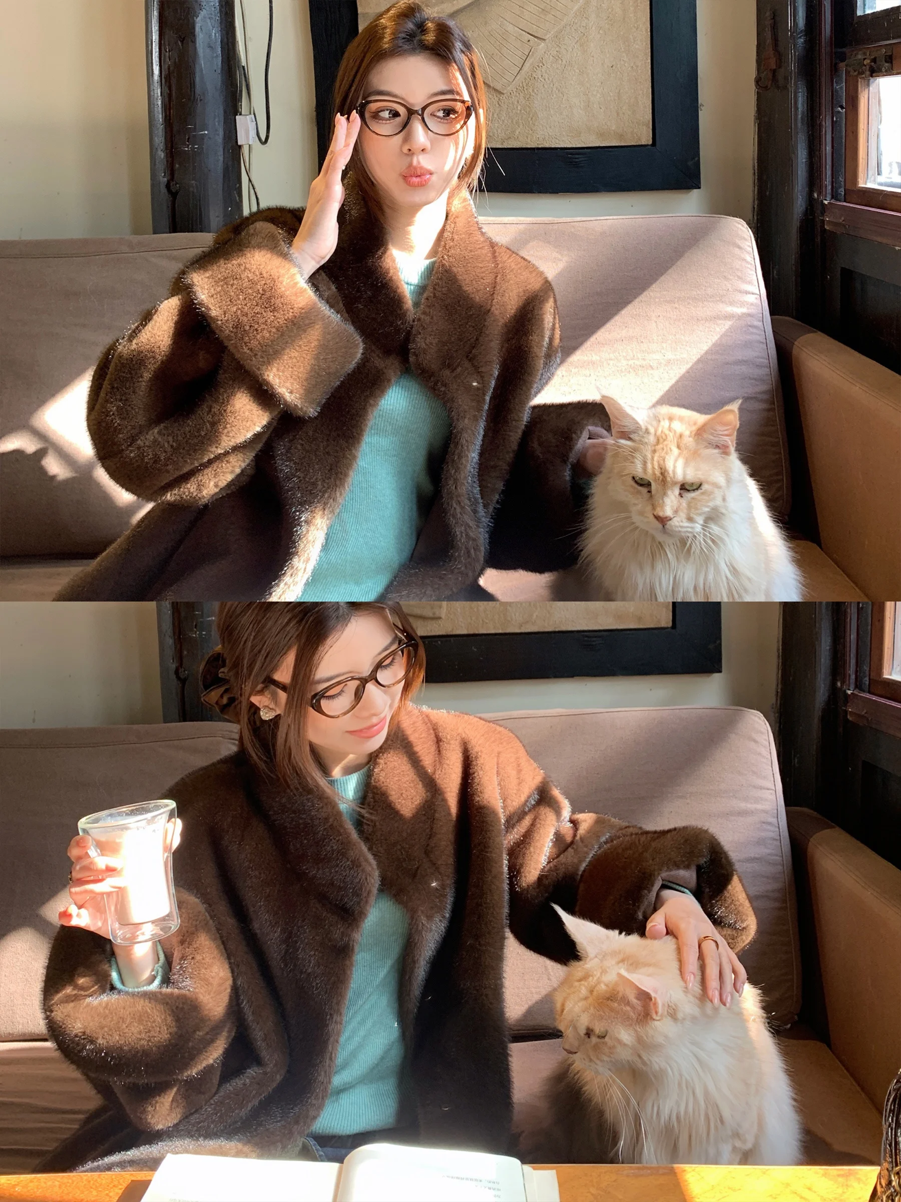 

Sam Seoi Autumn Winter Thiened Women's Jaet Old Money Sle Faux Mink Eco-friendly Leather Coat Long Sve Stand Fit