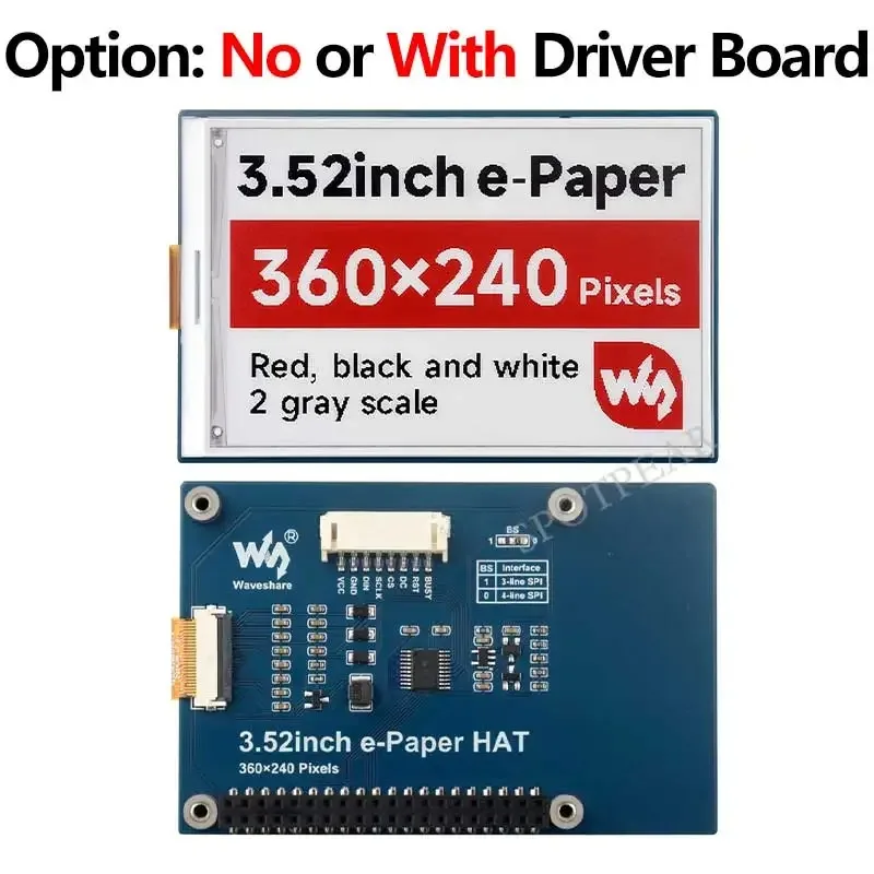 E Paper Ink HAT B da 3,52 pollici Opzione: No o con scheda driver Display schermo rosso/nero/bianco per Arduino /Raspberry Pi /Jetson /ST